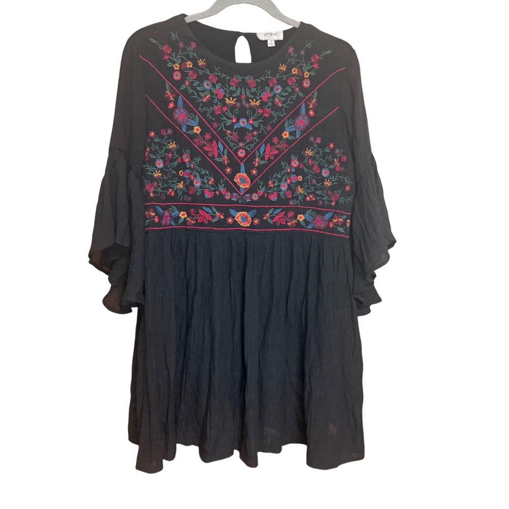 Umgee Tunic Dress Boho Floral Embroidered M Black Excellent Bell Sleeve C0384 - Picture 2 of 6